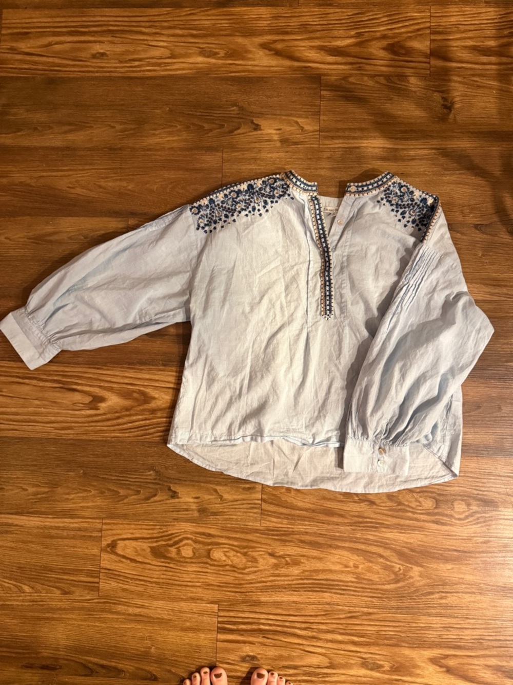 Light Blue Embroidered Peasant Blouse